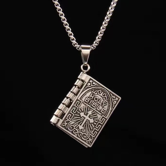 Bible Necklace 4 Pages Turnable Lords Prayer Pages 27” Box Chain Silver Tone - Picture 7 of 16
